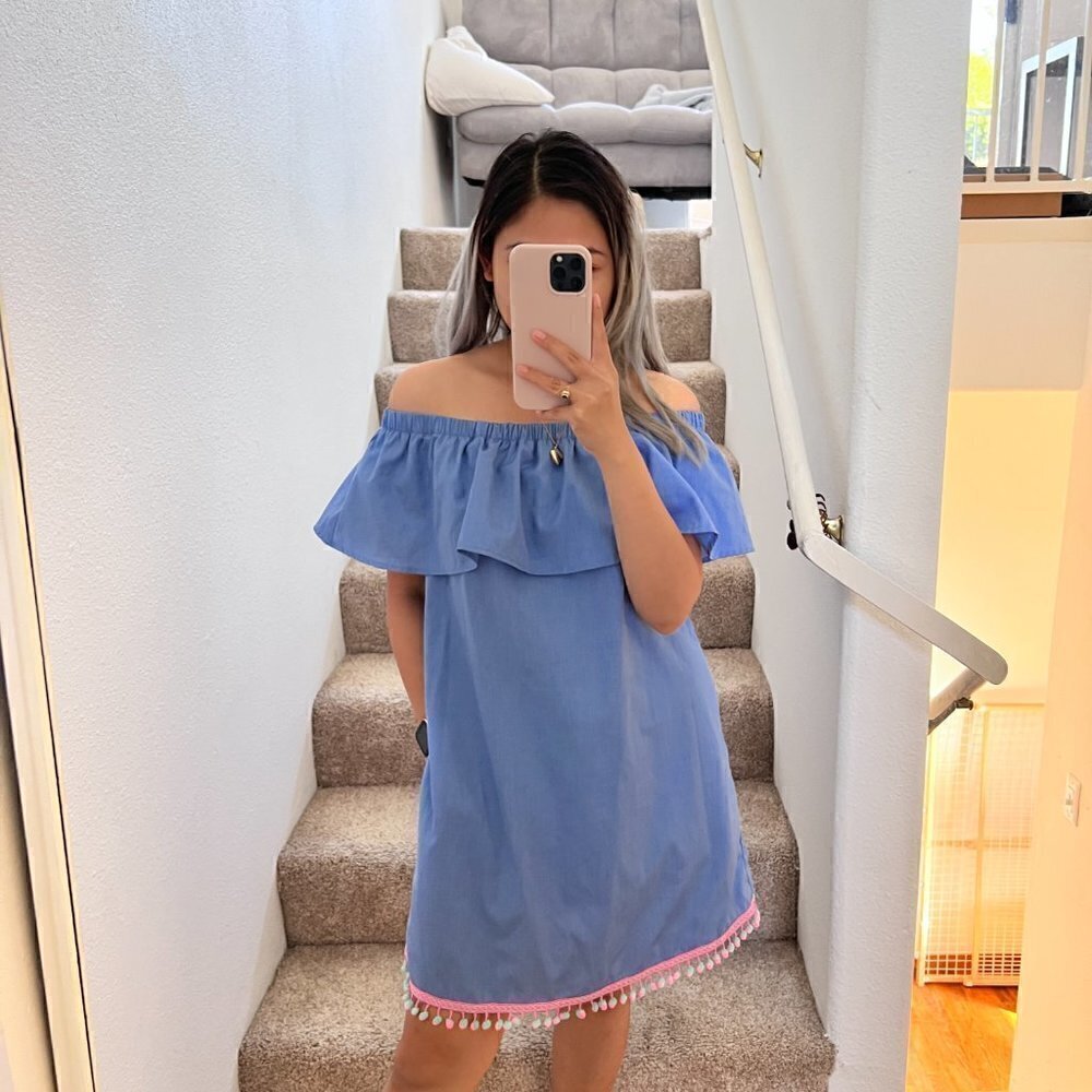REMY Creations Chambray Off The Shoulder Pompom Hem Mini Dress S‌‌‌‌‌‌‌‌‌‌‌‌‌